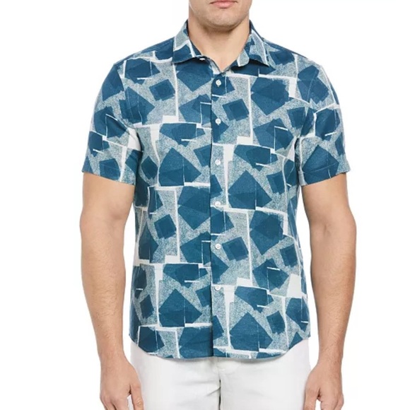 Perry Ellis Linen Blend Geo Print Short Sleeve Button Down Shirt NWT - Picture 1 of 2